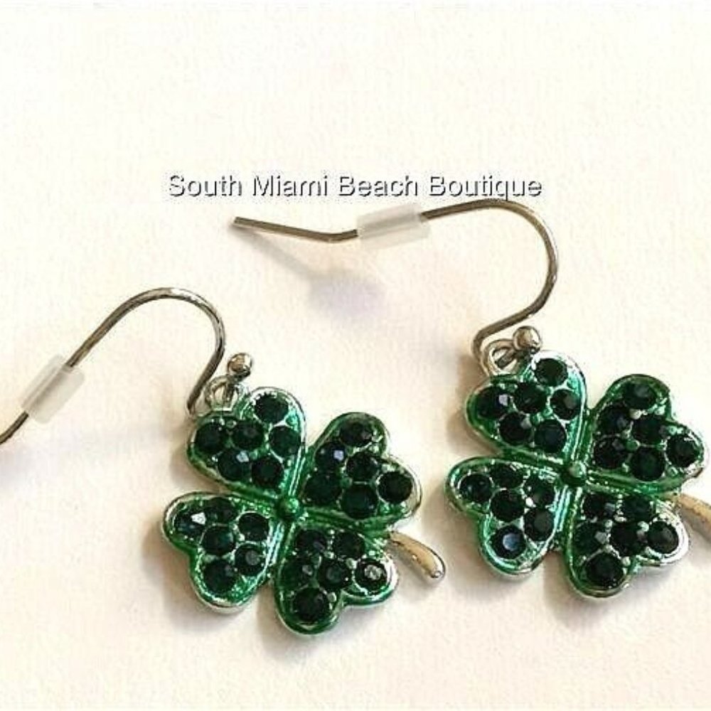 Shamrock Earrings Irish Green Crystal St Patricks Day Celtic Silver Plated